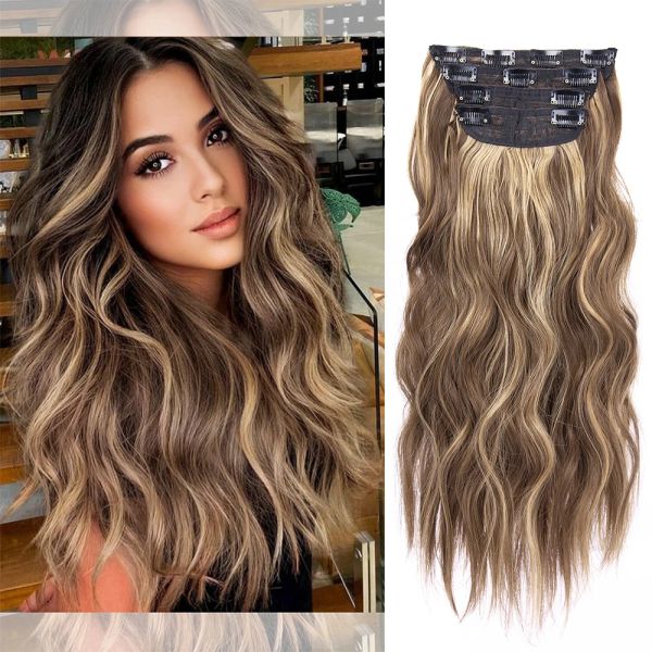 Piece Piece Leeons synthétique 11 Clip dans les cheveux Long Wave Hairstyle Luxury Pliée de coiffure naturelle Black brun Blonde 50cm 4 PCS POUR FEMMES