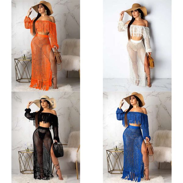 Pièce à deux robes Sexy Crochet ensembles pour femmes vêtements d'été sur la jupe de culture à l'épaule Set Hollow Out 2 S Outfits Beachwear 221123 s'adapte 113