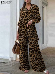 Pièces pour femmes deux pantalons de mode Fashion Women Leopard Printets Zanzea Casual Loose Tops and Tenits 2023 Automne Wide Jam Leisure 230306
