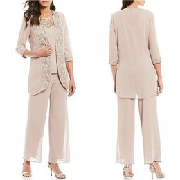 Stukken Moeder Drie van de Bruid Broekpakken Chiffon Kant Geappliceerde Bruiloftsgast Jurk Plus Size Dames Formele Outfit