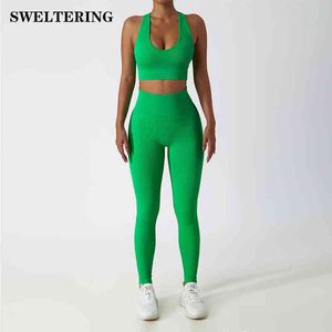 Pièces sans couture yoga ensemble côtelé tenues d'entraînement pour les femmes sport soutien-gorge taille haute shorts leggings ensembles fitness gym vêtements J220706