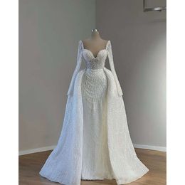 Stukken witte zeemeermin met afneembare trein lange mouwen parels parels trouwjurken Vestido blanco bruiden jurken