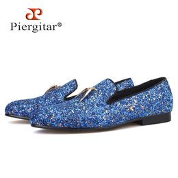 Piergitar bleu et ciel couleurs fait à la main mocassins classiques pour hommes avec des glands en métal doré Party hommes chaussures en cuir 220808