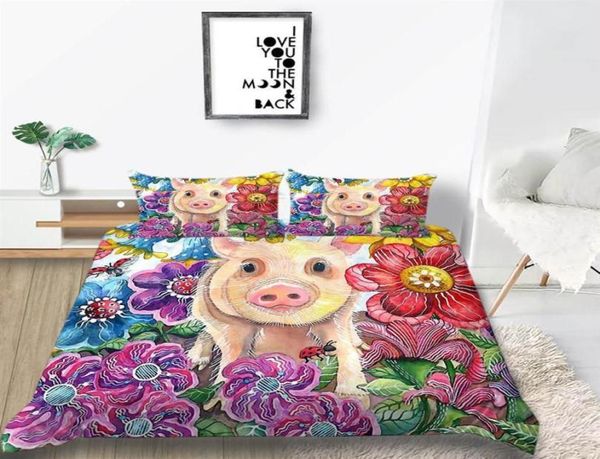 Juego de cama de cerdo tamaño doble, funda nórdica con flores coloridas y dulces para niños, funda de cama King Queen individual, doble, doble y completa con almohada 4705487