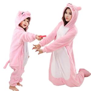 Pig onesie volwassenen dieren eenhoorn kigurumi pyjamas slaapkleding vrouwen mannen winter unisex leeuw panda kostuums kinderen kat flanel pyjama's 240507