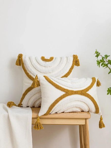 Oreiller 1pc Couvercle de voile en coton à arc géométrique jaune avec style bohème adapté aux canapés salons lits chambres