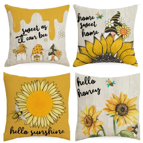 Oreiller 2024 Couvercle d'impression de fleurs de tournesol 45x45 Bee Cartoon Match Case carré Salon Sofa Bedroom Home Decor J1974