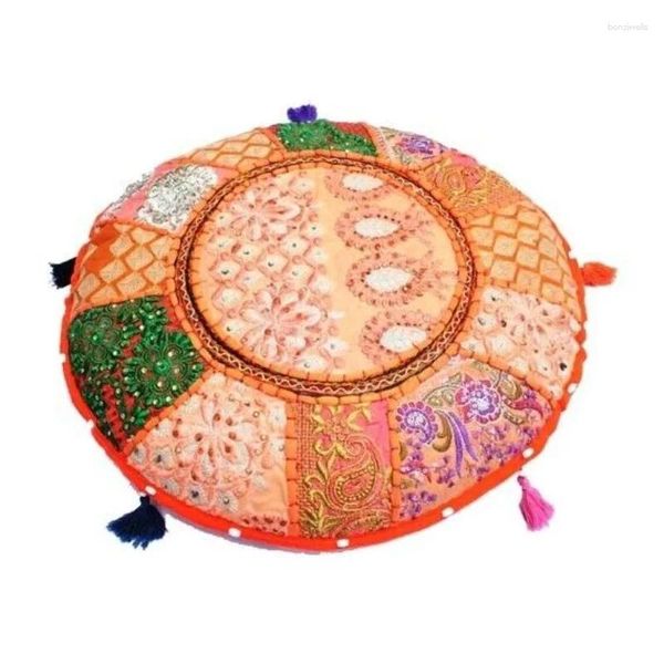 Oreiller circulaire en patchwork de 32 pouces pour la décoration de la maison, taie d'oreiller rétro en Inde