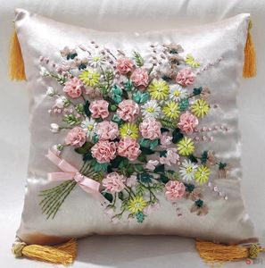 Oreiller 3D fait à la main, housse artisanale avec ruban brodé de fleurs, taie d'oreiller carrée décorative, décoration de maison
