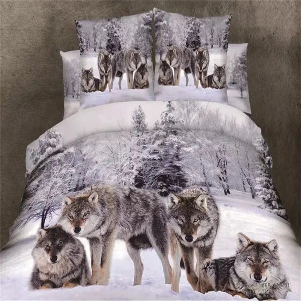 Oreiller 3d Snow Wolf King / Queen / Twin Size 3 / 4pcs Litteur Ensemble de couette / Doona Cover Lit Sheet Pillomer