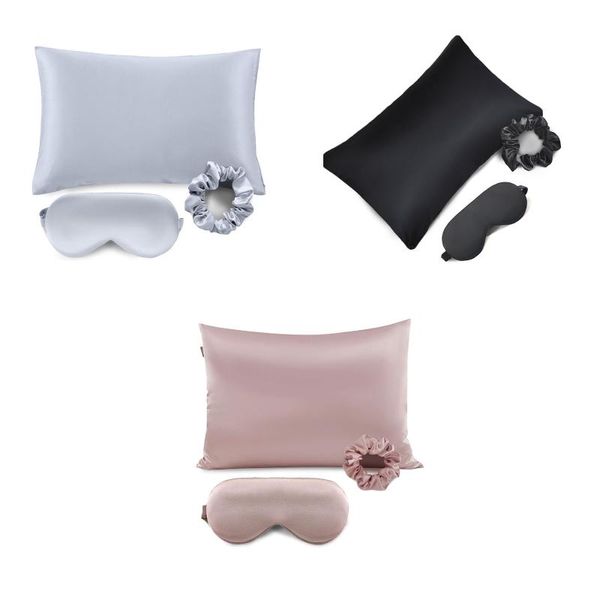 Almohada 3 unids/set funda de almohada de seda imitada funda suave suave con antifaz para dormir banda para el cabello para el hogar El dormitorio 51*66cm