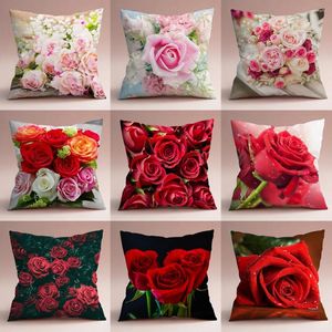 Oreiller 40/45/50/60cm, housse de fleur de Rose, décoration de mariage, maison, canapé-lit, taie d'oreiller lombaire, étui en Polyester Rose/rouge