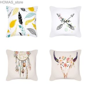 Kussen 45*45 cm Nieuwe Dream Catcher Veer Stier Hoofd Print Sofa Cover Kantoorstoel Auto Kussen Home Decor Y240401