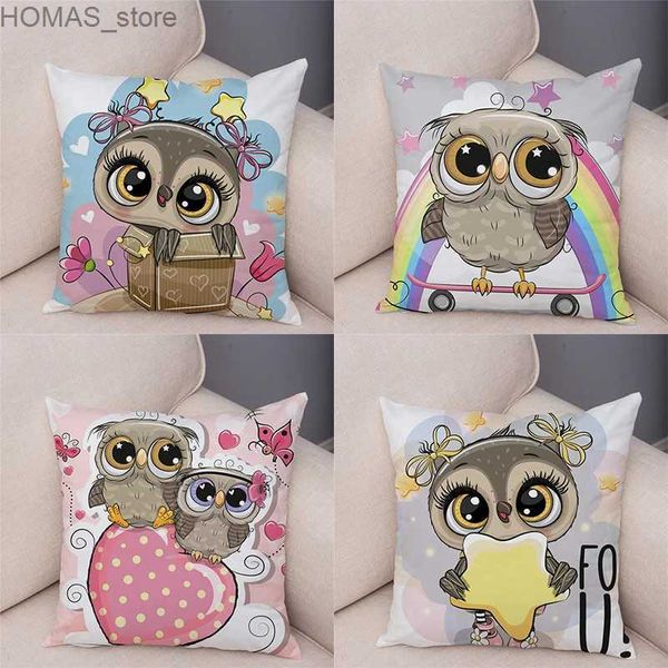 Oreiller 45x45cm mignon dessin animé hibou impression polyester cas chambre couple chambre décor à la maison câlin canapé siège de voiture housse de coussin Y240401