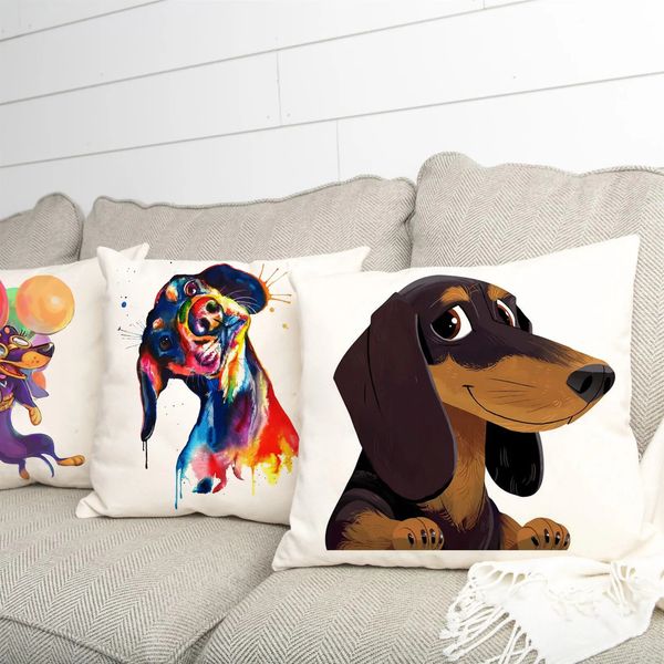 Almohada 45x45 cm Dachshund Art Funda de cojín de poliéster Amor Salchicha Perro Dormitorio Sofá Sala de estar Decoración Funda de almohada 231031