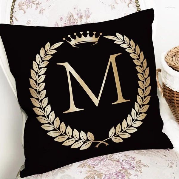 Almohada 45x45 cm Moda Carta de oro negro Piel de melocotón Funda de almohada Sofá Cubierta Cousehold Productos Textiles para el hogar Acabado