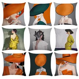 Kussen 45x45cm Orange Lady Print Cover Replaceface Prints Sofa Case Decoratieve Kussensloop Home Decor