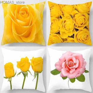 Almohada 45x45 cm Serie Rose Caso Amarillo Rosa Flores Sofá Oficina Asiento Funda de cojín Habitación Estética Decoración del hogar Y240401