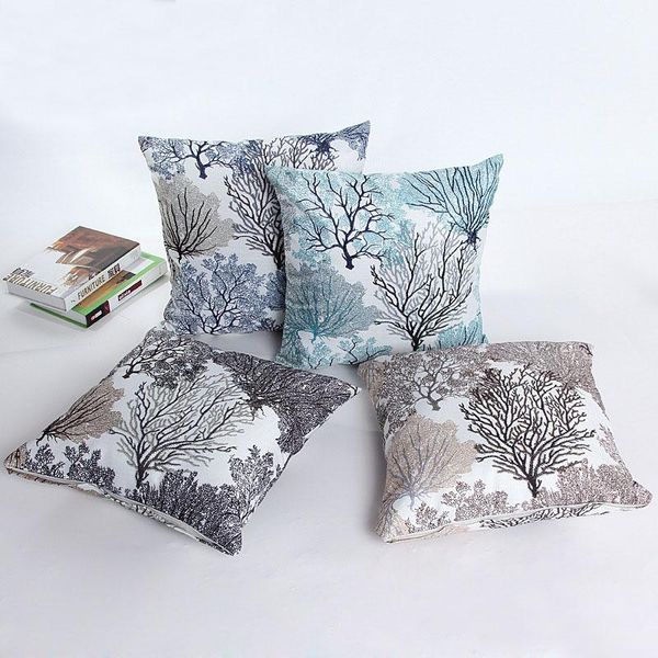 Oreiller 45x45 cm argent bleu arbre jeter couverture canapé chaise lit bois forêt décorative laine Sham décor à la maison/décoratif