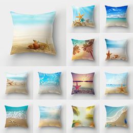 Oreiller 45x45cm été plage taie d'oreiller étoile de mer coquille couverture personnalisée bleu océan monde paysage taie d'oreiller canapé décoration de la maison