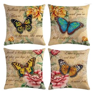 Oreiller 4pcs Butterfly Match Throw Couvre les couvertures de style vintage des fleurs roses jaunes.