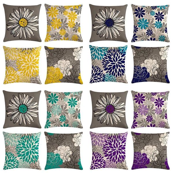 Almohada 4 unids / set Daisy Lino Cubiertas de tiro Girasol Geométrico Floral Funda de almohada decorativa Decoración del hogar