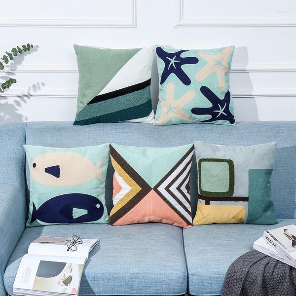Almohada bordado abstracto azul marino cubierta sofá bordado nórdico 45x45 para sala de estar turquesa decoración del hogar