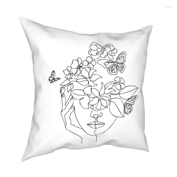 Funda de almohada con cara abstracta con flores de una línea, fundas de dibujo con retrato, funda de almohada decorativa para el hogar de 18'
