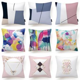 Oreiller abstrait peinture nordique géométrique rose couverture bleu polyester court canapé de canapé en peluche chaise 18 "