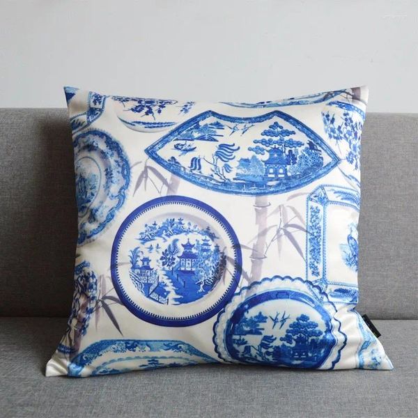 Oreiller esthétique de style chinois couverture carrée vintage blanche bleu porcelaine imprimé art chaise coussin coussin