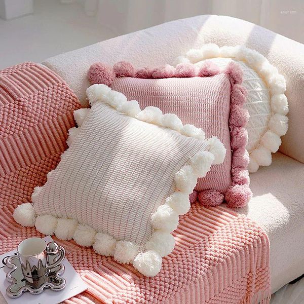 Almohada estética Kawaii S, almohadas para sofá, borlas blancas, decoraciones minimalistas para el hogar, Cojines rosas modernos y elegantes, decoración de la habitación