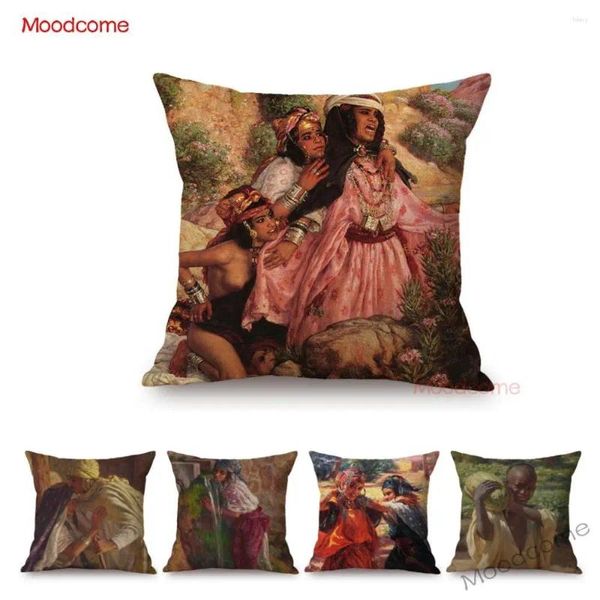 Almohada África vida diaria pintura al óleo diosa niña decoración del hogar arte sofá lanzamiento de silla de lino de algodón silla cuadrada cubiertas