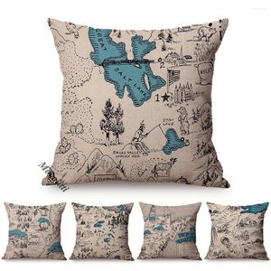 Funda de almohada con diseño de mapa del continente americano, boceto tribal tradicional, estilo vintage, decoración del hogar, funda para sofá