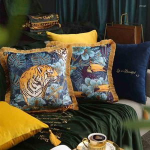 Oreiller américain luxe tigre/oiseau imprimé couverture gland décoratif bleu jaune velours taie d'oreiller jeter couvre dossier