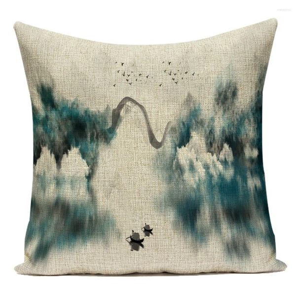 Housse de coussin en velours, Art chinois ancien, 45x45cm, décoration de la maison, Polyester, lin, peinture à l'encre, taie d'oreiller, canapé nordique E2319