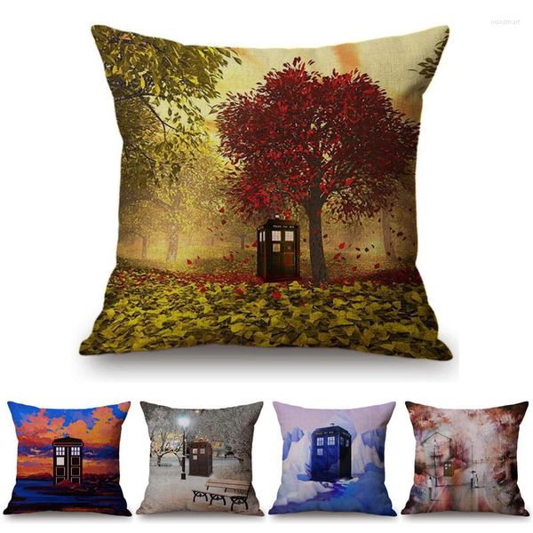 Oreiller automne Vintage cabine téléphonique peinture à l'huile naturelle couverture de paysage nordique décoration de la maison canapé chaise jeter