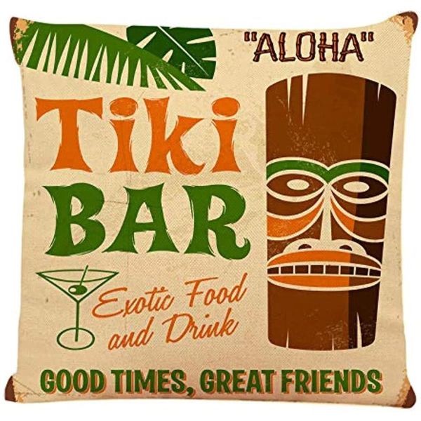 Couverture de lancement de barre d'oreiller statue polynésienne vintage avec boisson tropicale Drôle de citation des mots concept carré