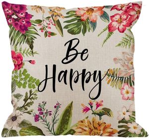 Pillow Be Happy Quotes with Colorful Flowers Cotton lin couvercle carré carré standard Home Decorative Throw pour hommes / femmes