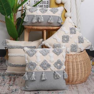 Oreiller Beige coton couverture tufté gris géométrique treillis Case décoration de la maison gland coussins pour canapé-lit chaise de voiture