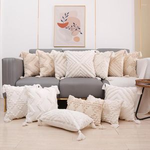 Oreiller Beige Blanc Tufté Gland Couverture Boho Géométrique Brodé Lombaire Jeter Couvre La Maison Décorative Pour Canapé