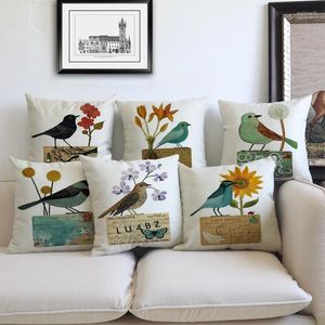 Oreiller motif d'oiseau en coton couvercle de lin jet couleur crayon peinture de la maison de voiture décorative sofa cojines