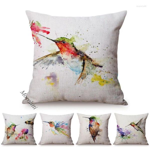 Oreiller motif oiseau couverture eau couleur éclaboussures Art décoration de la maison canapé perroquet abeille coton taie d'oreiller en lin Cojines