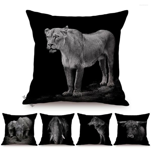 Housse de coussin en lin noir, Style Animal de prairie d'afrique, décoration de maison, étui de canapé, Lion, éléphant, Yak, gorille, Kussen 45x45