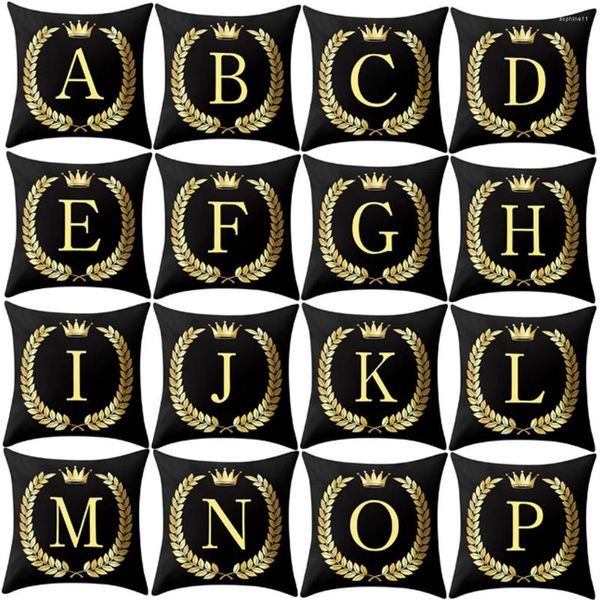 Oreiller noir et or lettre d'oreiller couronne alphabet coussin de couverture canapé de décoration intérieure de décoration décorative 45x45cm