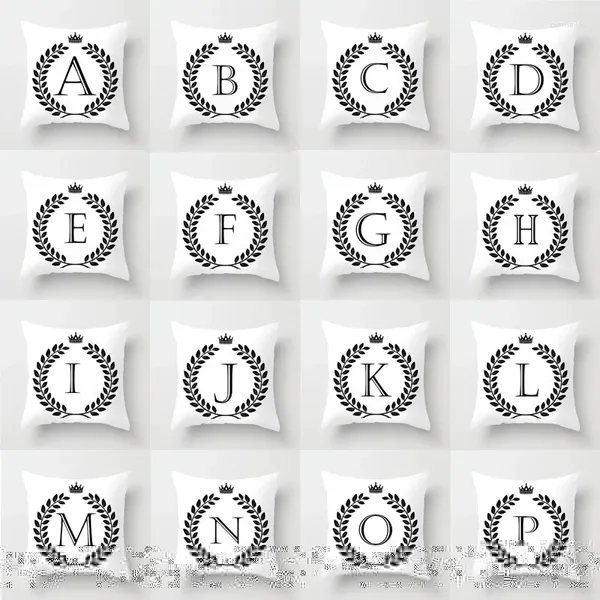 Almohada en blanco y negro 26 letras cubiertas de la caja de la almohada decorativa del alfabeto inglés