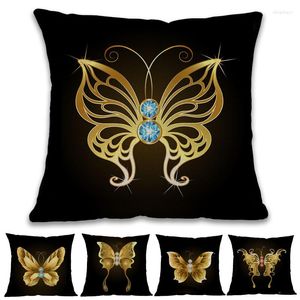 Funda de almohada de lino con diseño de mariposas doradas y diamantes de fondo negro, funda decorativa para sofá o habitación de 45x45cm