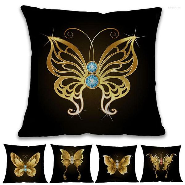 Oreiller fond noir diamant et papillons dorés motif lin jeter étui maison canapé chambre couverture décorative 45x45cm273L