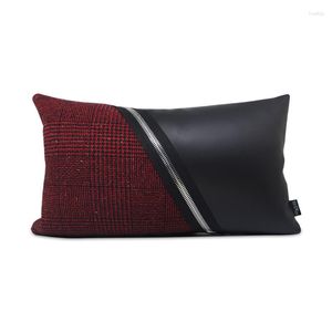 Oreiller noir rouge en cuir housse décorative pour salon Patchwork fermeture éclair coton lin canapé taille taie d'oreiller décor à la maison 30x50 cm