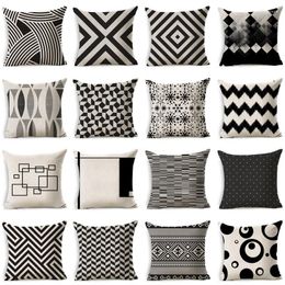 Oreiller noir blanc motif géométrique coton lin jeter couverture voiture maison canapé-lit taie d'oreiller décorative Funda Cojin 40198
