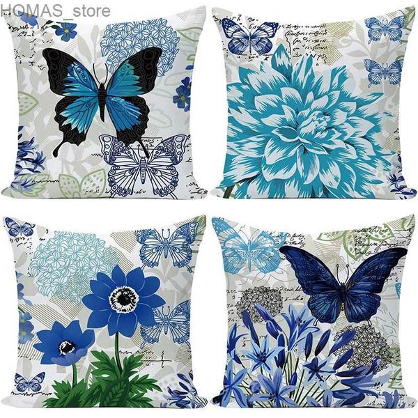 Almohada azul mariposa flor caja decorativa sala de estar sofá oficina asiento cojín cubierta dormitorio decoración del hogar tiro Y240401